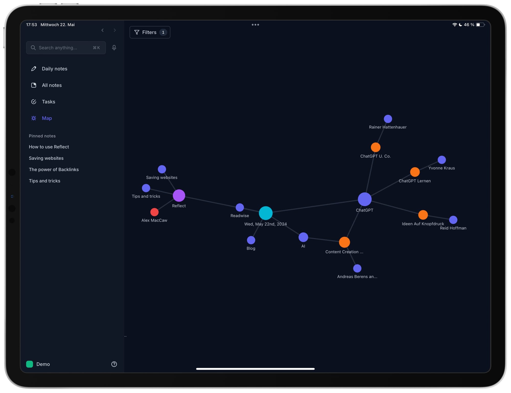 Ansicht der verlinkten Notizen in der Map view von Reflect